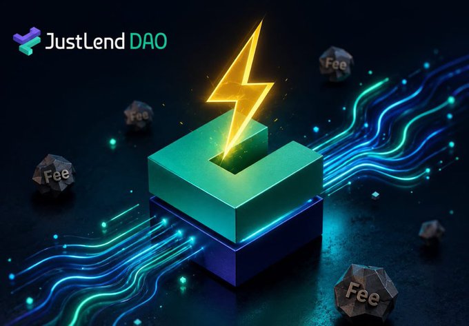 A 3D digital graphic for JustLend DAO features a glowing lightning bolt striking a cube amid flowing neon lines and floating 'Fee' elements.