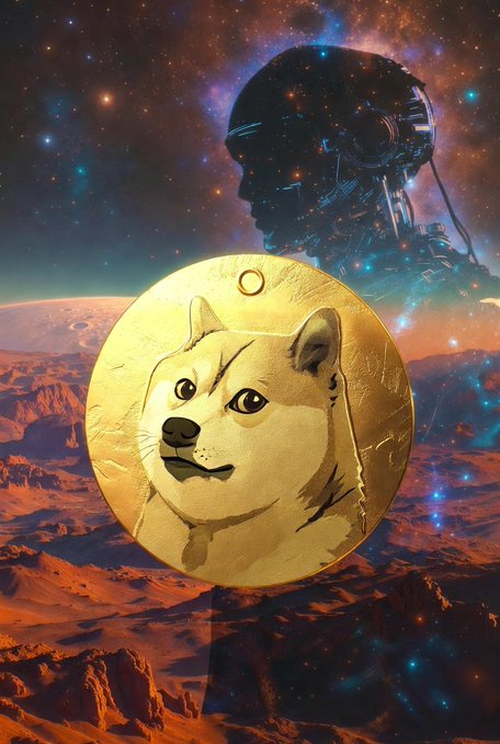 A digital artwork featuring a golden Dogecoin-style coin with a Shiba Inu face floating above a Mars-like landscape, with a futuristic cosmic humanoid figure visible in the starry background.