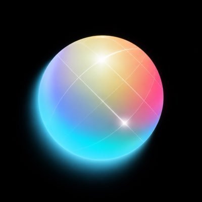 A digital rendering of a glowing sphere with a colorful gradient of yellow, pink, blue, and white, displayed against a solid black background.