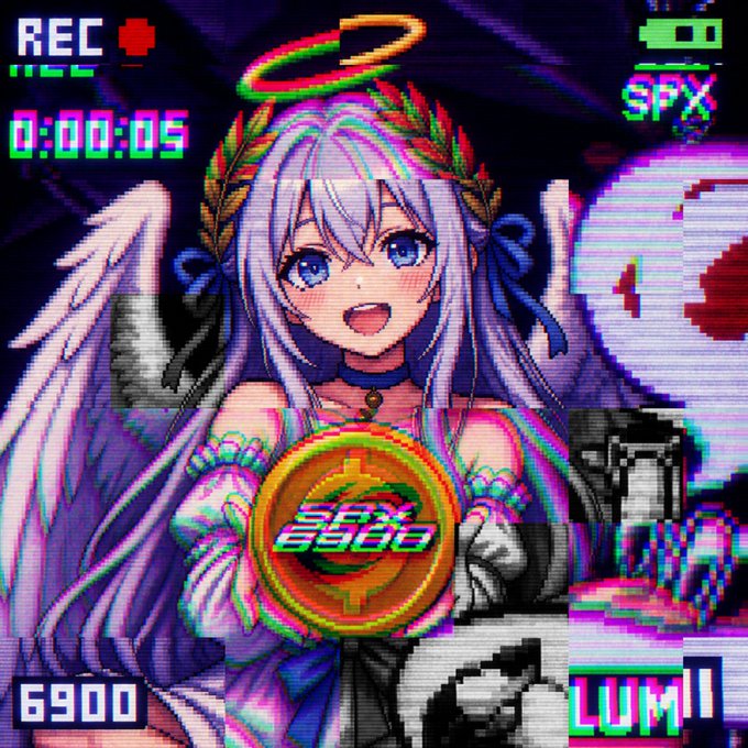 A pixel art style image of an anime girl with wings and a halo, styled like a video recording with 'REC', a timer '0:00:05', battery and 'SPX' indicator, '6900' and 'LUMI' text, and a central coin reading 'SEX ESSO'.