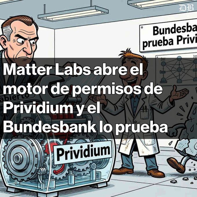 Cartoon illustration of two men examining machinery labeled 'Prividium' with Spanish text stating 'Matter Labs abre el motor de permisos de Prividium y el Bundesbank lo prueba' (Matter Labs opens Prividium's permissions engine and the Bundesbank tests it).