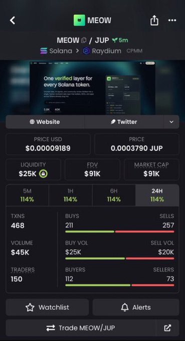 A crypto tracking app screen displays the token "MEOW" trading against "JUP" on Solana via Raydium, showing a price of $0.00000189, a $25K liquidity, and a market cap of $91K.