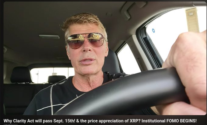 A man wearing sunglasses sits in a car, with text reading 'Why Clarity Act will pass Sept. 15th & the price appreciation of XRP? Institutional FOMO BEGINS!'