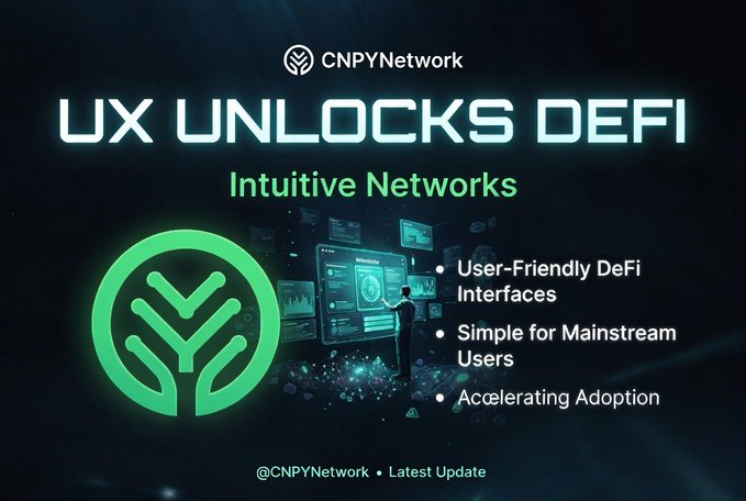 A promotional graphic for 'CNPYNetwork' with the headline 'UX UNLOCKS DEFI' and subtitle 'Intuitive Networks', listing benefits like User-Friendly DeFi Interfaces and Accelerating Adoption.