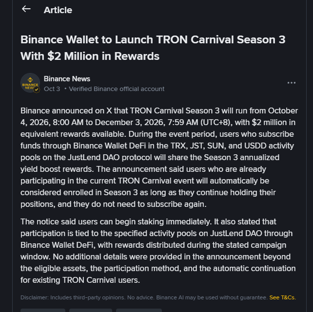 A screenshot of a Binance News article titled 'Binance Wallet to Launch TRON Carnival Season 3 With $2 Million in Rewards,' dated October 3.