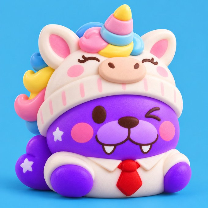 A 3D rendered illustration of a cute purple bear-like character wearing a unicorn hat and a red tie, set against a solid blue background.
