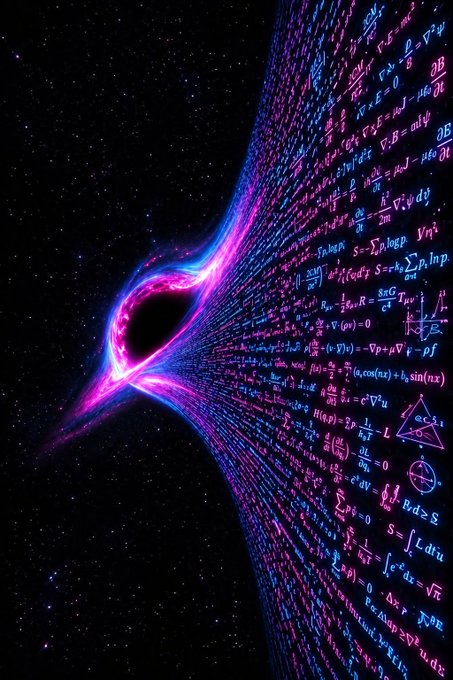 A digital artwork depicts a black hole with a swirling accretion disk of pink, blue, and purple, emitting streams of mathematical equations and formulas into a starry space background.