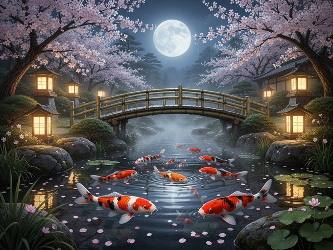 A serene Japanese garden under a full moon features a wooden bridge, glowing lanterns, and cherry blossoms, with vibrant koi fish swimming in a tranquil pond scattered with fallen petals. The AI-generated artwork captures a peaceful nighttime scene that complements the post's focus on AI art, blending traditional aesthetics with innovative technology.