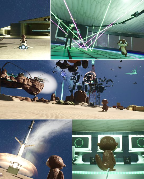 A collage of four screenshots from what appears to be a video game featuring a small monkey-like character in various surreal scenes including a desert, a laser-filled room, a futuristic landscape, and a computer station.