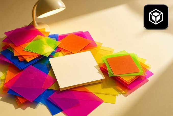 A pile of translucent colorful square sheets is illuminated by a desk lamp, with a white square card resting on top and a black cube logo in the upper right corner.