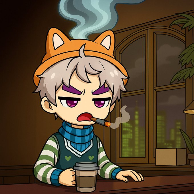 A chibi-style cartoon character with gray hair and an orange cat-eared beanie sits at a café table smoking a cigarette and holding a coffee cup, with steam rising from their head. The grumpy-looking character visually complements the post's "Thirsty Thursday" greeting, depicting someone who appears tired and caffeine-dependent yet stylishly unbothered.