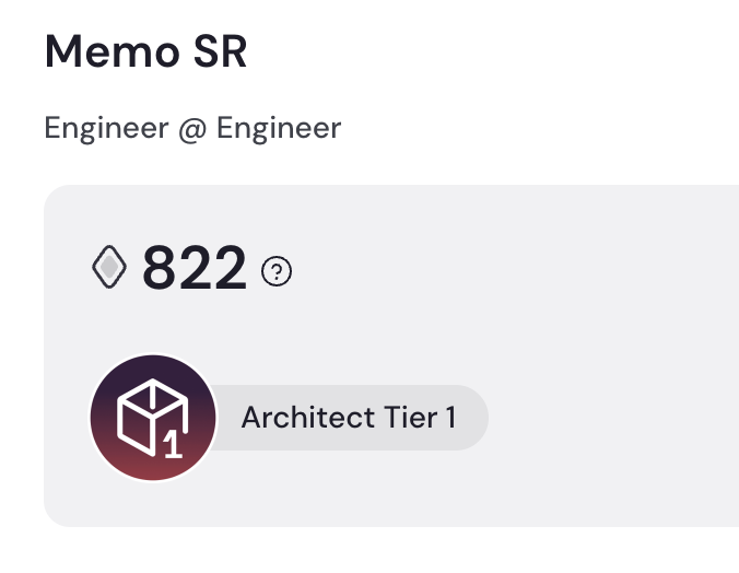 A digital profile card for 'Memo SR' listed as 'Engineer @ Engineer', showing a credit balance of 822 and an 'Architect Tier 1' badge with a stylized cube icon.
