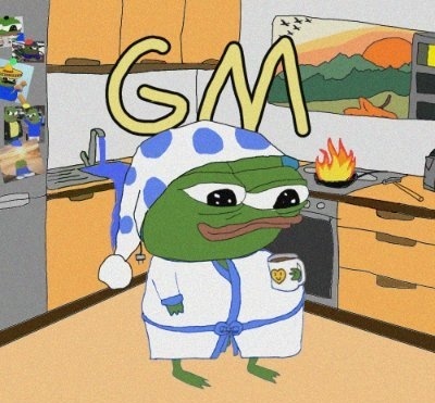 The image features a cartoon frog wearing a robe with a coffee cup in its hand while standing in a kitchen setting, possibly near an oven or stovetop. The background of the image includes a refrigerator and other kitchen appliances such as a sink and microwave. The caption for the image reads "GM @Allbridge_io Next just raised the game. No more stablecoin-only limits. You can now bridge major assets like ETH, SOL, BNB, TRX, and more across any supported chain. The bridge is expanding fast and feels truly unlimited".