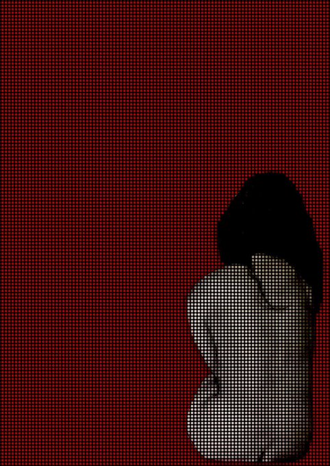 A stylized digital artwork featuring a dark red grid-patterned background with two silhouetted, capsule-shaped figures in the lower right corner.