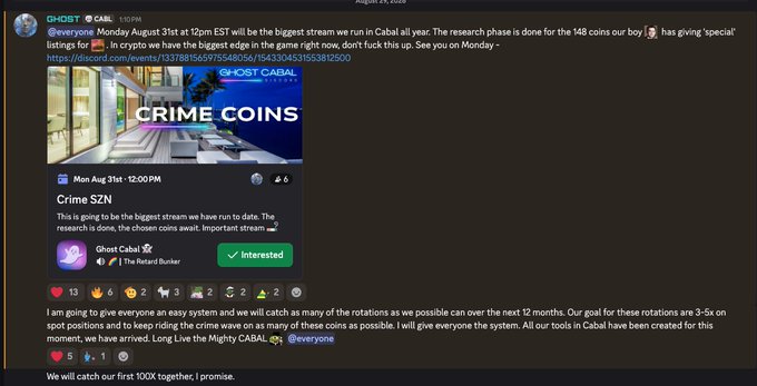 A Telegram post from "GHOST" in the "CABAL" group at 11:03 PM promotes a stream on Monday August 31st at 12pm EST called "Crime SZN," discussing "148 coins" and crypto research, with an embedded event showing "Ghost Cabal" and "The Retired Bunker" listed as interested.