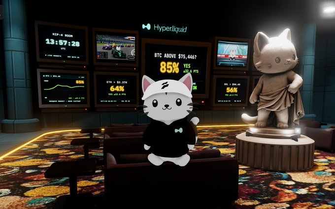 A 3D digital illustration of a white cat character in a black sweater sitting on a couch in a room with multiple monitors and a cat statue, under the "Hyperliquid" logo.