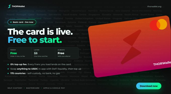 Promotional banner for THORWallet featuring a red and orange Mastercard-style card, with text reading 'The card is live. Free to start.' and pricing details for 'TODAY', 'LATER', and 'ALWAYS' tiers.