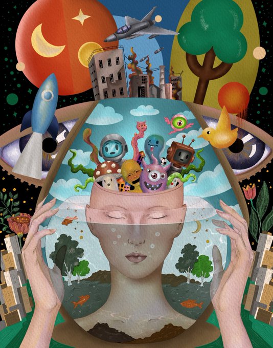 A surreal illustration of a person whose transparent head contains various whimsical creatures, planets, and a cityscape, with hands cupping their face against a cosmic background.