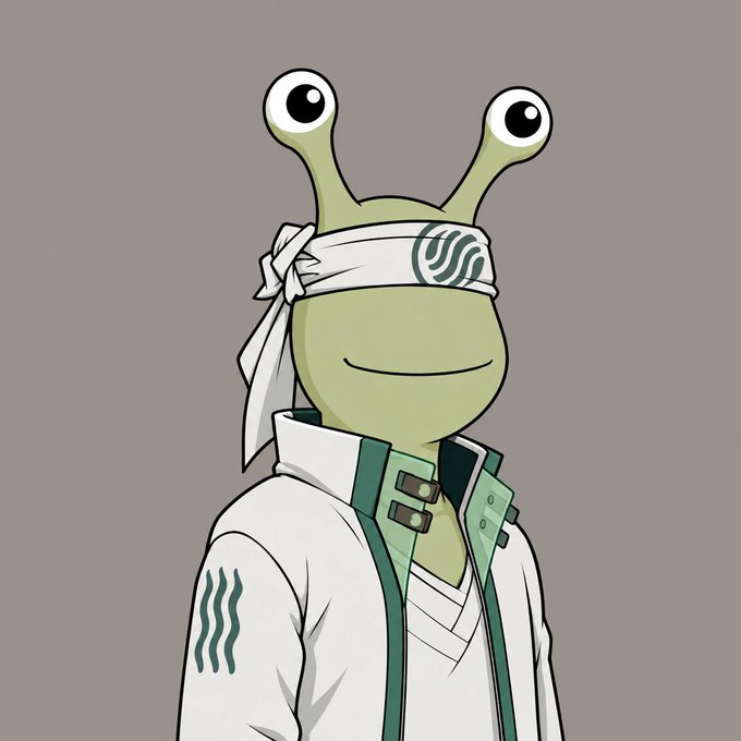 An anime-style green frog-like character with large eyes on stalks wears a white headband featuring a circular wave logo and a matching white jacket adorned with the same teal wave emblem. The character embodies the "Anomalies" NFT collection being given away, serving as a mascot or representative for the project.