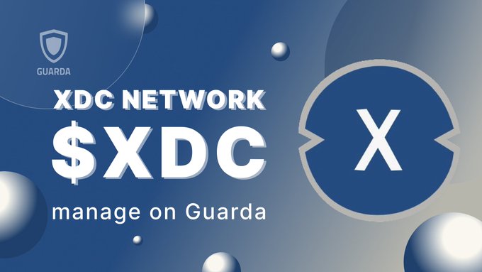 A blue promotional graphic for XDC Network cryptocurrency, featuring the Guarda wallet logo and text reading '$XDC manage on Guarda' alongside an X logo.
