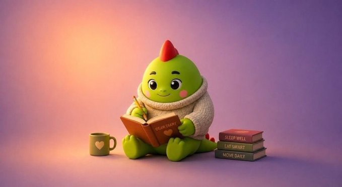 A 3D-rendered green character with a red crest sits wearing a fuzzy sweater, writing in a 'DEAR DIARY' book next to a stack of books labeled 'SLEEP WELL', 'EAT SMART', and 'MOVE DAILY'.