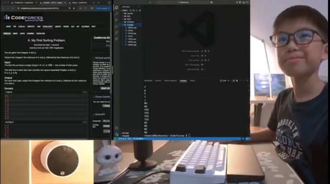 A young boy wearing glasses is seated at a computer setup, appearing in a YouTube video or stream while working on a Codeforces 'My First Sorting Problem' challenge.