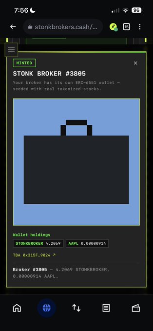 A mobile screenshot of stonkbrokers.cash showing a 'STONK BROKER #3805' NFT listing, noting 'Your broker has its own ERC-6551 wallet - seeded with real tokenized stocks,' with wallet holdings of STONKBROKER 4.2069 and AAPL 0.00000914.