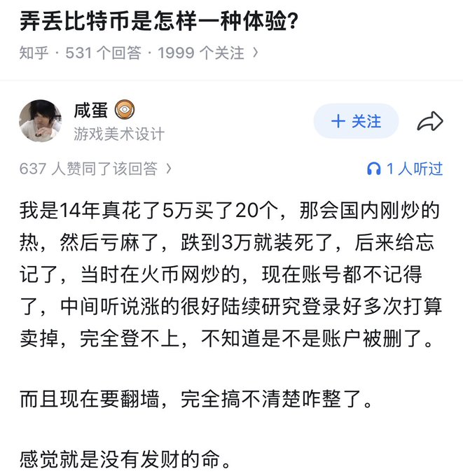 The image shows a Zhihu post titled "弄丢比特币是怎样一种体验?" (What does it feel like to lose Bitcoin?), featuring a top answer where user 咸蛋 explains buying 20 BTC for $50,000 in 2014, abandoning them on the Huobi platform during a price crash, and now being unable to access the account due to VPN restrictions—tallying to roughly $12M+ in lost value at current prices.