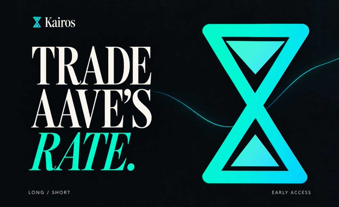 The image is a promotional graphic from Kairos advertising the ability to trade Aave's borrowing rate, featuring bold text "TRADE AAVE'S RATE" alongside "LONG / SHORT" and "EARLY ACCESS" labels, with a stylized teal hourglass/K logo on a black background. The graphic visually reinforces the post's message by highlighting the new opportunity to speculate on Aave's interest rate movements through long or short positions.