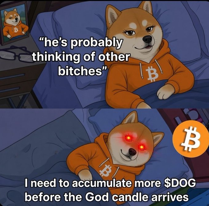 A two-panel meme featuring a Shiba Inu dog in an orange Bitcoin hoodie in bed, with the top panel showing the text 'he's probably thinking of other bitches' and the bottom panel showing glowing red eyes with 'I need to accumulate more $DOG before the God candle arrives'.