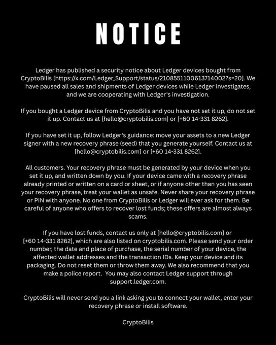 A security notice from CryptoBilis in white text on a black background, warning about compromised Ledger devices sold from their platform and providing contact details including hello@cryptobilis.com and +60 14-331 8262.