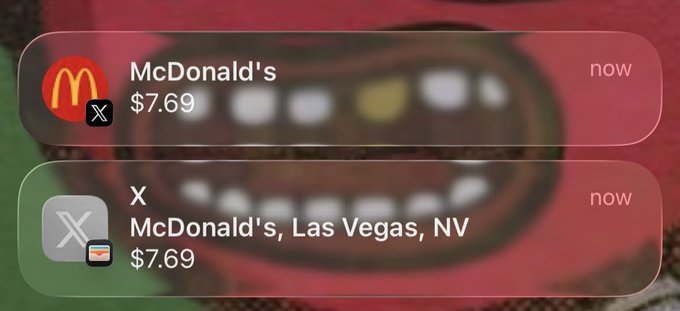 Two iPhone notifications show charges of $7.69 at McDonald's and $7.69 at X (McDonald's, Las Vegas, NV), overlaid on a background image of the Ronald McDonald character.