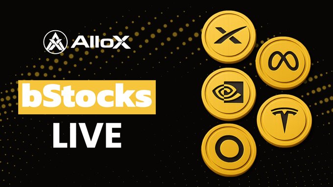 A promotional graphic for 'AlloX bStocks LIVE' featuring the AlloX logo and five gold coins representing XRP, infinity symbol (possibly ICP), an eye logo, Tesla (TSLA), and what appears to be another crypto token.