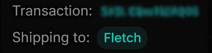 A close-up of a digital interface showing 'Transaction:' with a blurred value and 'Shipping to:' followed by the name 'Fletch' in a teal box.