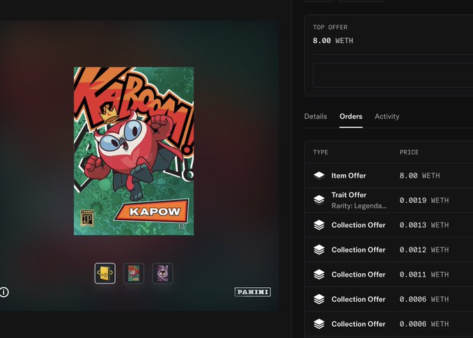 A digital marketplace interface displaying a Panini 'KABOOM!' card featuring a red character in a boxing outfit, with a top offer of 8.00 WETH.