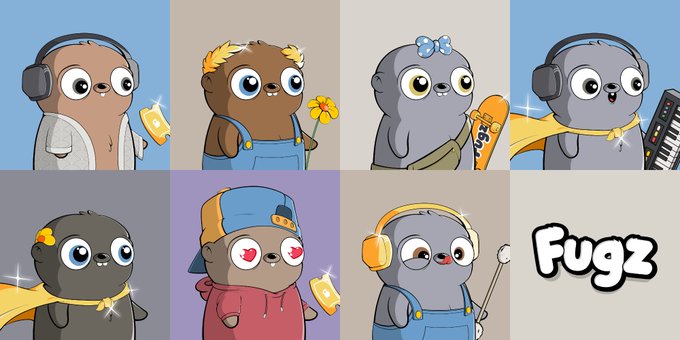 The image features a square grid of nine cartoon characters, each wearing unique hats and outfits, appearing as if they are migrating from one location to another within an advertisement for the game Fugz. The characters are shown with various accessories, such as headphones or ties that add visual interest to the scene. It seems like the game is about to launch, inviting players to migrate their own character into the game world, where each character has a unique story and background. The image aims to capture the attention of potential players by showcasing some of these migrating characters with interesting stories.