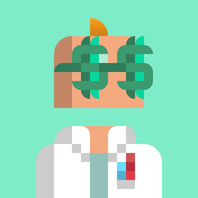 A pixel-art character illustration showing a figure with green dollar signs for eyes and a small orange tuft of hair, wearing a white outfit with red and blue pixelated detail.
