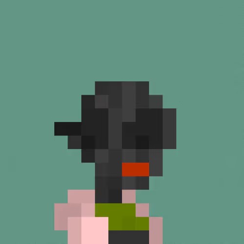 A pixel art image showing a dark figure with multiple eyes and red lips, wearing green and pink clothing against a green background.
