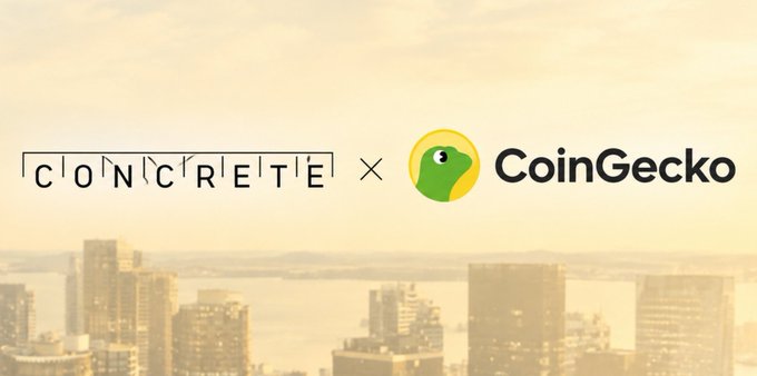 A promotional banner featuring the logos 'CONCRETE' and 'CoinGecko' with an 'x' between them, set against a hazy cityscape background.