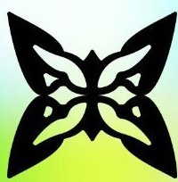 The image features a black butterfly shape cut out of paper or fabric against a green background. The butterfly has four wings, each with a unique design that adds visual interest to the overall composition. The butterfly's wings are spread wide open, showcasing their intricate patterns and details.
