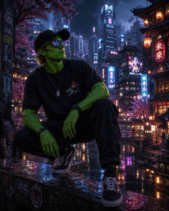 A digital artwork of a green-skinned man wearing sunglasses and a black cap, sitting in a vibrant, futuristic cyberpunk city at night with Japanese signage.