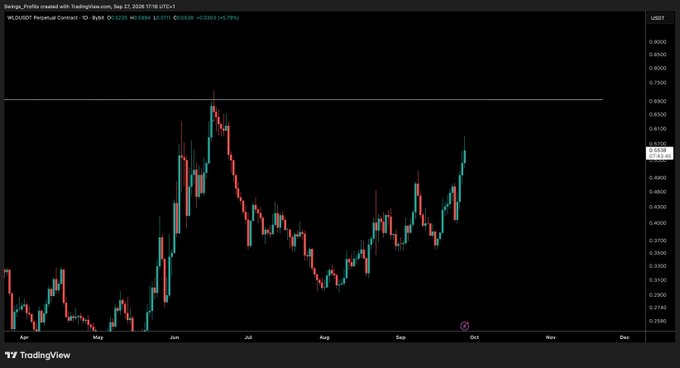 A TradingView daily candlestick chart of WLDUSDT on Bybit shows price climbing from lows around $0.29 in May to a recent peak near $0.56, with the current level at $0.5384 (up +0.76%), consistent with the post noting the recent high is awaiting a retest following the latest rally.