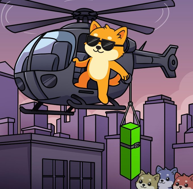 A cartoon illustration features an orange Shiba Inu dog wearing sunglasses, sitting in a black helicopter that's hovering over a purple cityscape while carrying a green rectangular case suspended below.