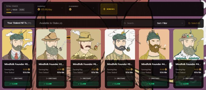 A screenshot of a cryptocurrency NFT staking dashboard showing 'Total Staked: 1971 / 39325 (5.0%)' with an 'Earning 155.00/day' rate and '4 Bonuses' available, featuring six 'Mindfolk Founder' character cards that can be unstaked or claimed.