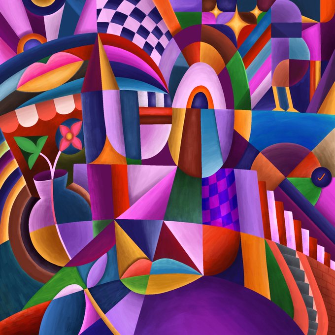 A vibrant cubist-style painting bursting with colorful geometric shapes, arches, stairs, and a vase of flowers, reflecting the celebratory and creative spirit of the post's message to "keep making art" and "be kind." The kaleidoscopic composition mirrors the joyful, communal energy of the Web3 ethos of "WAGMI" (We're All Gonna Make It).