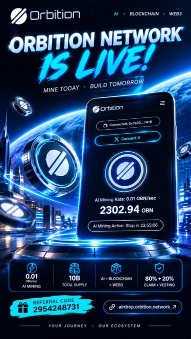 A promotional graphic for "ORBITION NETWORK IS LIVE!" featuring a smartphone interface showing a connected node (0x7a30...7416) with an AI Mining Rate of 0.01 OBN/sec and a balance of 2302.94 OBN, alongside key stats: 0.01 OBN/sec mining rate, 10B total supply, and an 80% claim + 20% vesting tokenomics structure, with referral code 2954248731 for the $OBN airdrop.