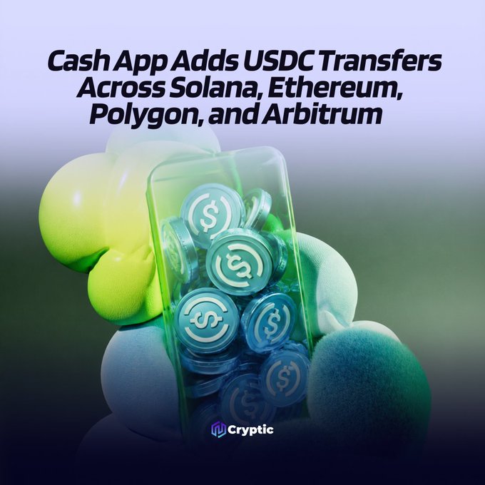 The image features a green glass phone case filled with blue coins. The text above the phone case reads "NEW: @jack Dorsey's @CashApp has added USDC transfers across @solana, @ethereum, @0xPolygon, and @arbitrum with no fees and no separate wallet required." This information is related to a post about Cash App adding USDC transfers.