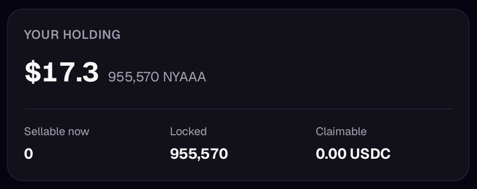 A cryptocurrency holding dashboard showing $17.3 worth of 955,570 NYAAA tokens, with 0 sellable, 955,570 locked, and 0.00 USDC claimable.