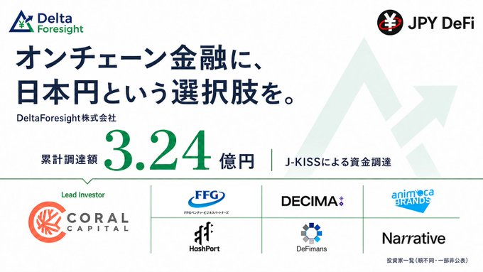 The image is a congratulations graphic for DeltaForesight Inc. (JPY DeFi), celebrating their successful fundraising of ¥324 million (3.24億円) through J-KISS funding, with Coral Capital as the lead investor alongside FFG, DECIMA, animoca BRANDS, HoshPort, DeFinans, and Narrative as investors. It relates to the congratulatory message by highlighting the achievement of expanding on-chain finance with the Japanese yen as a new option.