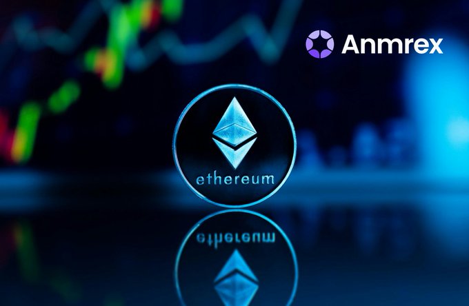 The image features a blue and silver coin with an "Ethereum" logo, which is a digital currency platform. The coin has a unique design that resembles a blue gemstone or crystal. In the background of the image, there are lines representing the stock market, indicating that this coin might be related to cryptocurrency trading or investment. The post also includes text that reads: "Anmrex交易所看以太坊质押增长", which suggests that the coin is associated with a company named Anmrex, possibly an exchange or marketplace for digital currency trading.